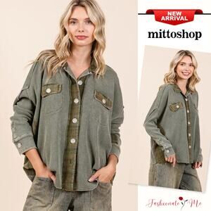 Mittoshop Mineral Washed Plaid Pattern Button Down Chest Pockets Shacket | Olive